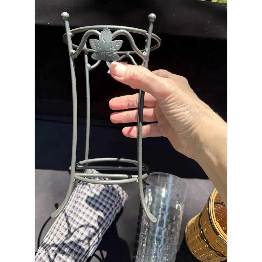 Longaberger CC J.W. Mini Umbrella Basket w Prot Liner Wrought Iron Stand Mint!